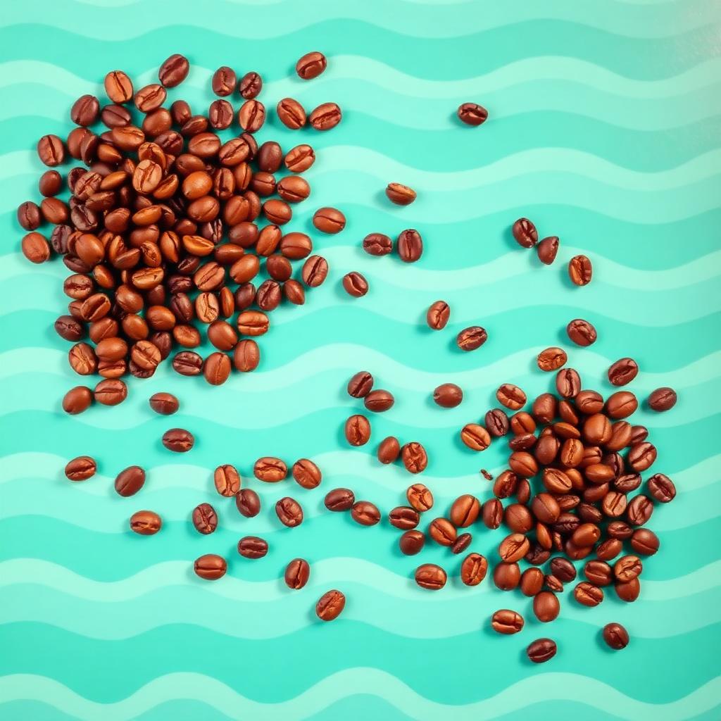 Roasted coffee beans on a wave-patterned background